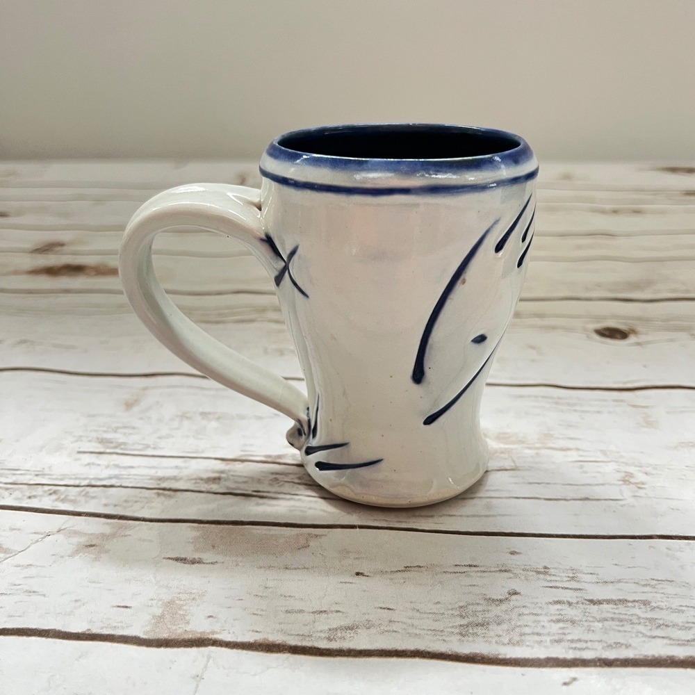 Handmade Studio Pottery Mug White Blue Abstract Handcrafted Ceramic 5in